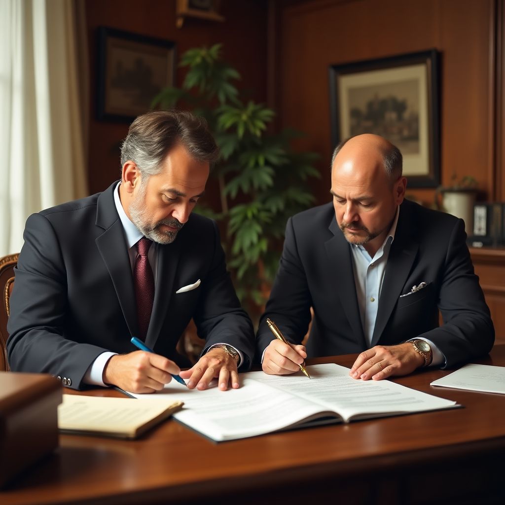 Fundadores de la empresa firmando documentos iniciales
